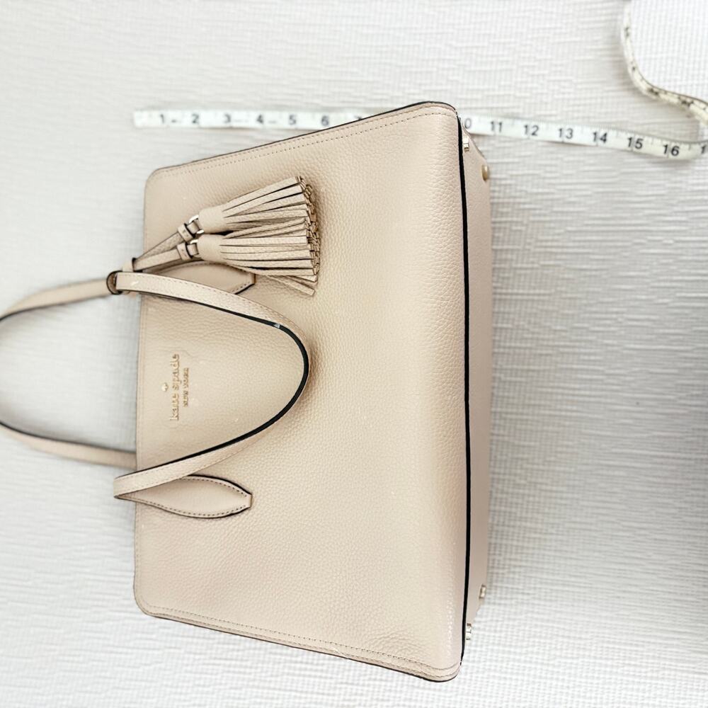 Kate Spade New York Pebbled Leather Tassel Tote Bag Beige Neutral Work Satchel - Picture 6 of 10